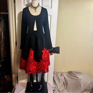 San Joy Womens Mesh Pleated Aline Satin Ribbon Red Embroidery Abstract Skirt L